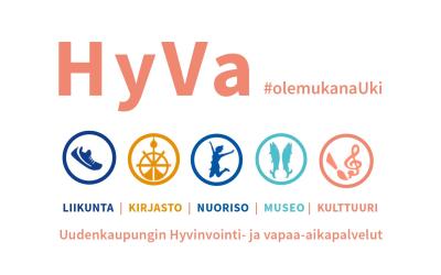 Hyvinvointi- ja vapaa-aikapalveluiden logo. HyVa ja sen alla viisi symbolia kuvastamassa liikuntaa, kirjastoa, nuorisoa, museota ja kulttuuria.