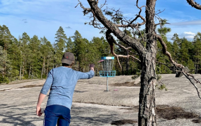 Poika heittää frisbeetä koriin kalliolla takana metsää ja edessä käkkyrä puu