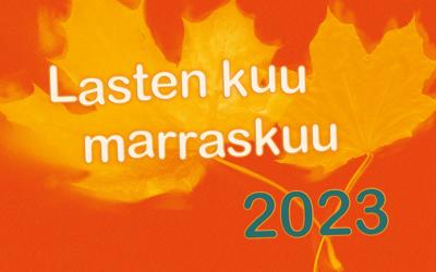 Kaksi keltaista vaahteranlehteä oranssilla taustalla. Päällä teksti: Lasten kuu marraskuu 2023