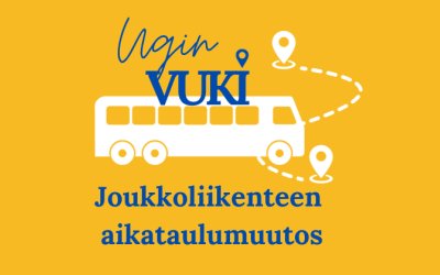 Kuvassa Ugin joukkoliikenteen vukin logo, linja-auto ja teksti joukkoliikenteen aikataulumuutos