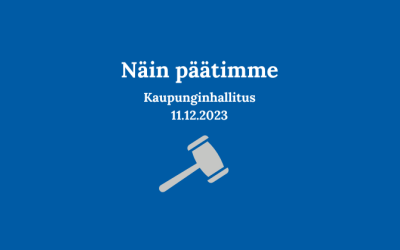 Graafinen kuva, jossa otsikkona "näin päätimme" ja tekstissä kaupunginhallitus ja kokouksen päivämäärä 11.12.2023.