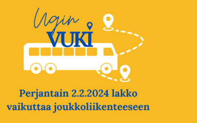 Perjantain 2.2.2024 lakko vaikuttaa joukkoliikeneeseen -teksti ja kuva linja-autosta.