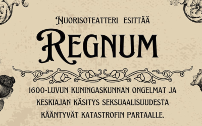 Vanhalta pergamentilta näyttävä tausta, jossa mustaa tekstiä, sekä kuva aatelisnaisesta ja kuninkaasta