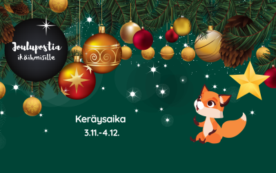 Joulukoristeita ja kettuhahmo vihreällä taustalla