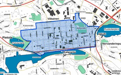 Rajoituskartta ilotulitteiden kieltoalueesta Uudenkaupungin keskustassa.