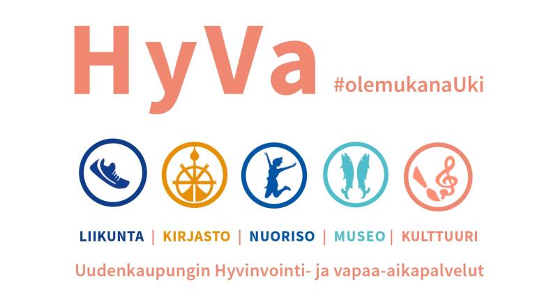 Hyvinvointi- ja vapaa-aikapalveluiden logo. HyVa ja sen alla viisi symbolia kuvastamassa liikuntaa, kirjastoa, nuorisoa, museota ja kulttuuria.