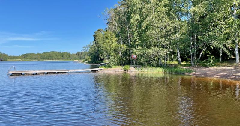 kesäisessä maisemassa puulaituri ja hiekkaranta, tausalla lehtipuita