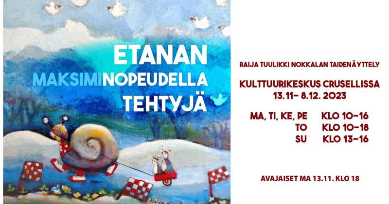 Raija Nokkalan taideteos, jossa etana vetää perässään kärryllä kahta pikkueläintä.