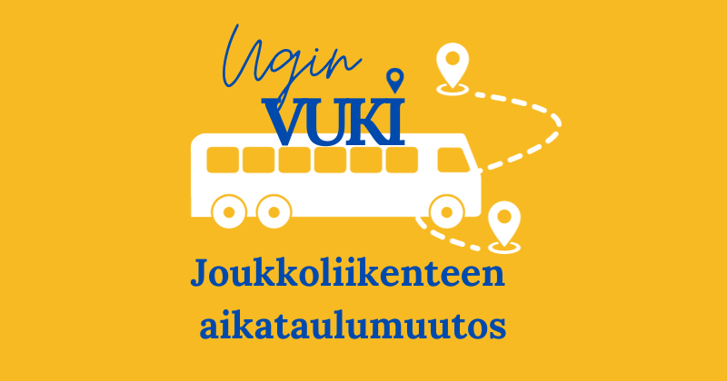 Kuvassa Ugin joukkoliikenteen vukin logo, linja-auto ja teksti joukkoliikenteen aikataulumuutos
