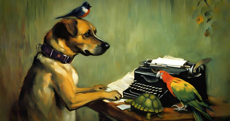 Maalaus joukosta eläimiä, jotka istuvat kirjoituskoneen ääressä. Eläimet ovat koira, pikkulintu, kilpikonna ja papukaija.