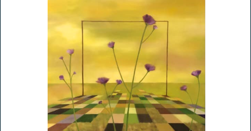 Abstrakti työ, maassa ruutuja, takana keltainen maisema, ja edessä violetteja kukkia