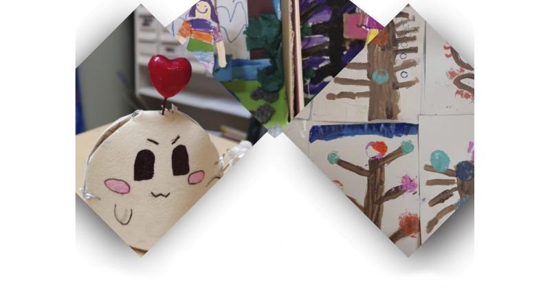 Kolme kuvaa lasten tekemistä taideteoksista; yhdessä on kasvot, toisessa ihminen ja luontoa, kolmannessa puita.