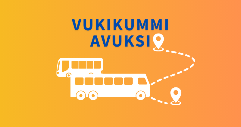 Kuvassa teksti Vukikummi avuksi ja kaksi piirettyä linja-autoa