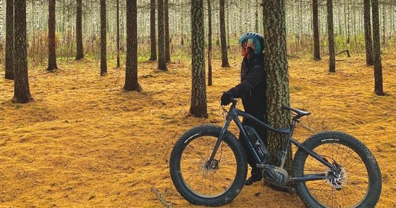 metsätaustalla fatbike ja pyöräilijä