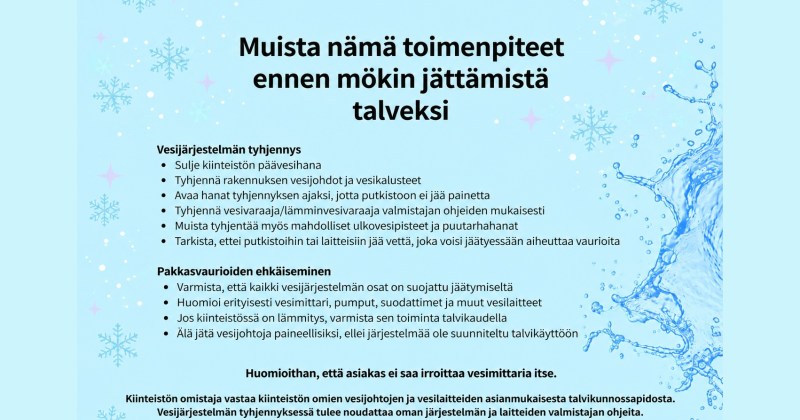 Kuvassa muistilista mökin vesijärjestelmän tyhjentämiseksi ja pakkasvaurioiden ehkäisemiseksi.