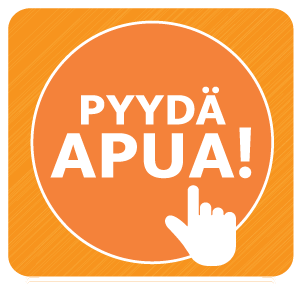 Pyydä apua! -logo. Käsi osoittaa "Pyydä apua!" -tekstiä oranssilla pohjalla.