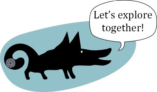 A drawn picture of a dog with a speech bubble that says: "Let's explore together!".