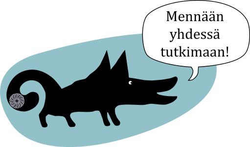 Piirroksenomainen koira ja sen vieressä puhekupla, jossa lukee: "Mennään yhdessä tutkimaan!".