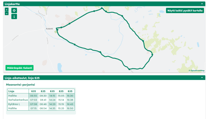 Kuvakaappaus Seutu+ palvelun aikatauluhausta, linkki palveluun alempana.