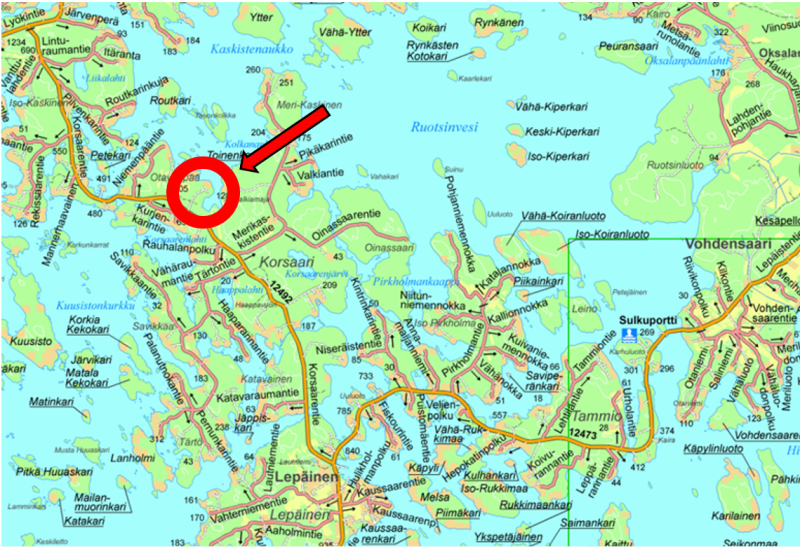 Kartta uudenkaupungin Korsaaren ranta-asemakaava muutos alueesta, alue on ympyröity punaisella.