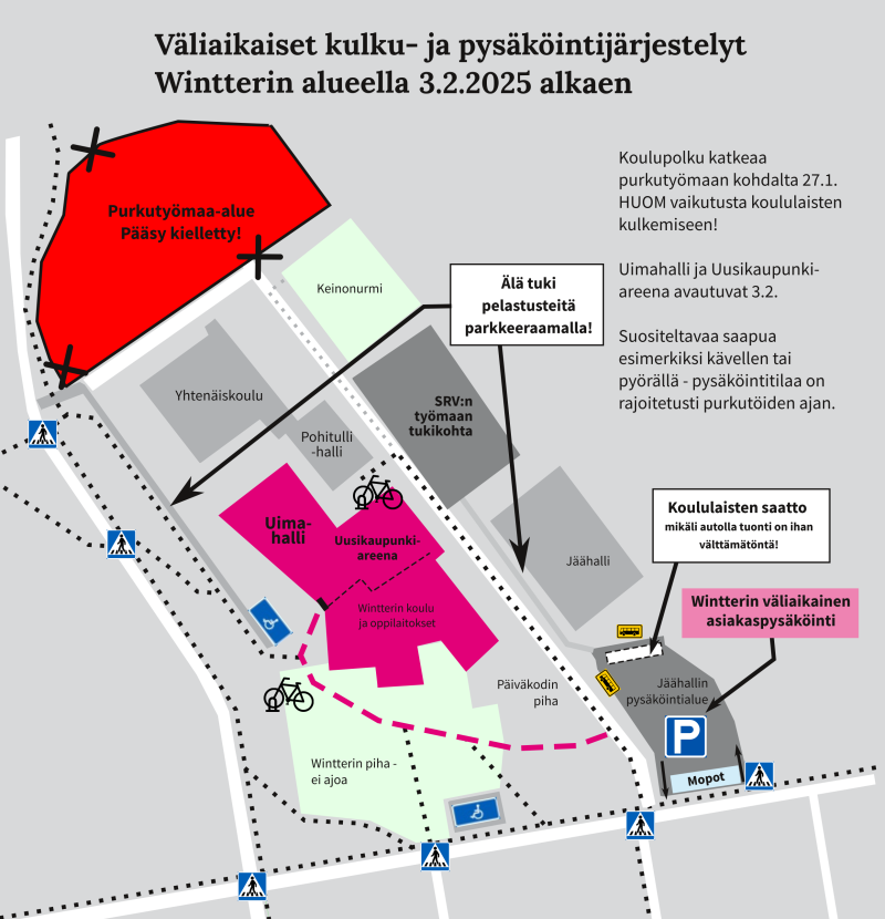 Karttakuva väliaikaisista pysäköintijärjestelyistä.