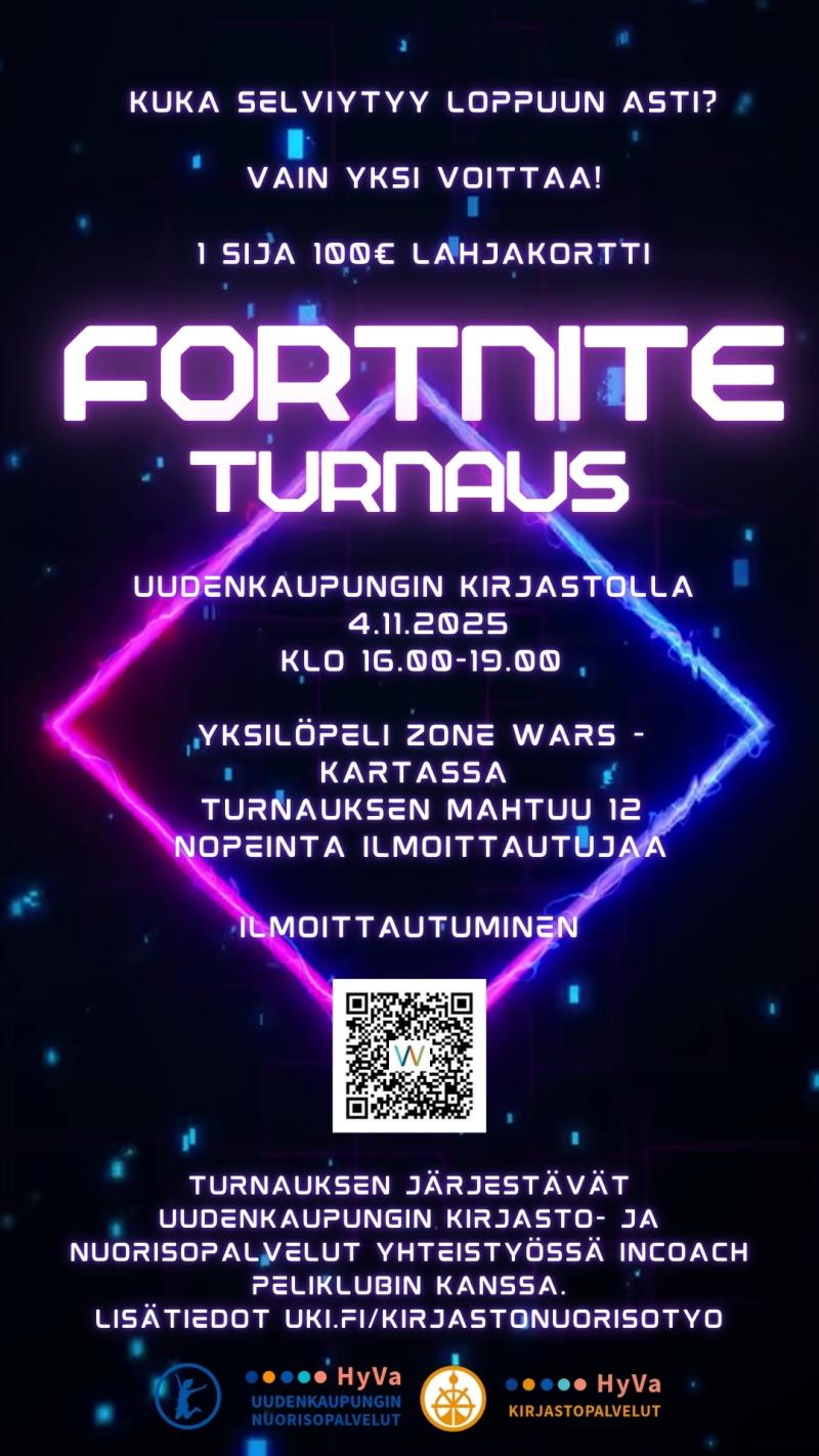 Nuorten pelitapahtuma kirjastossa – Fortnite-turnaus 4.11.2025 klo 16 - 18