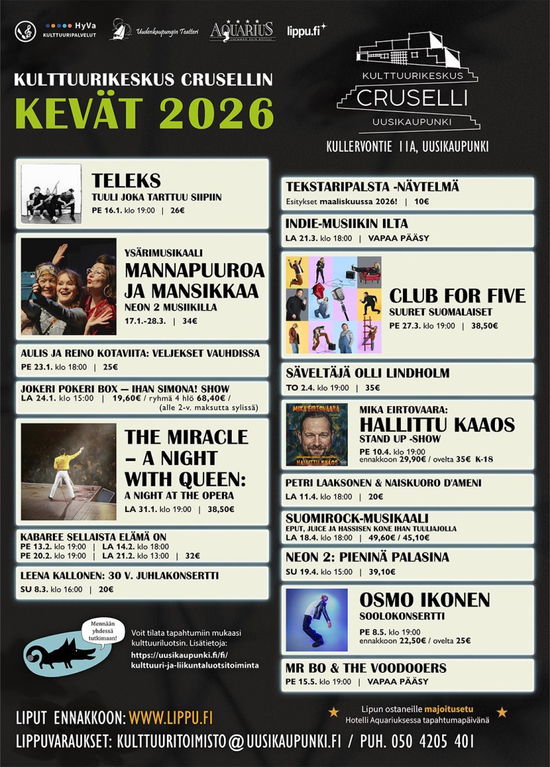 Kulttuurikeskus Crusellin tapahtumat keväällä 2026