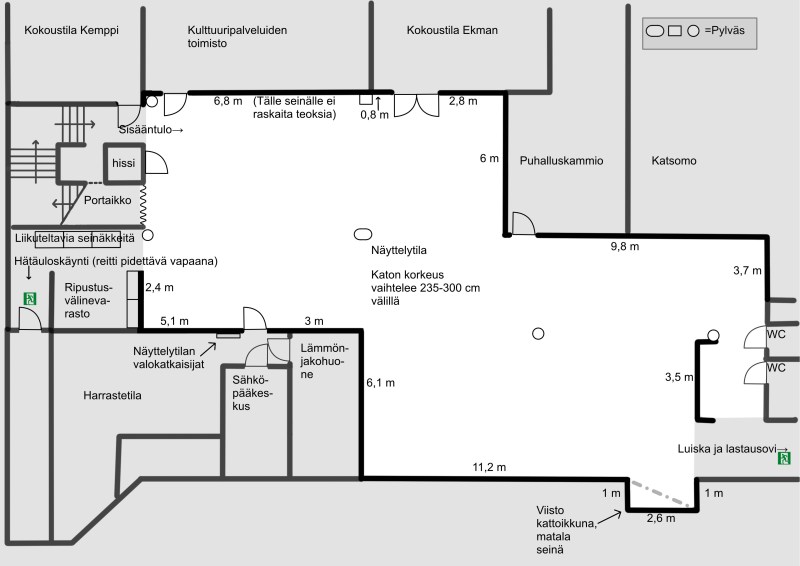 Pohjapiirroskartta Liljelund-hallin näyttelytilasta.