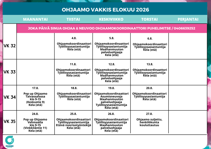 Ohjaamon kalenteri 8/26