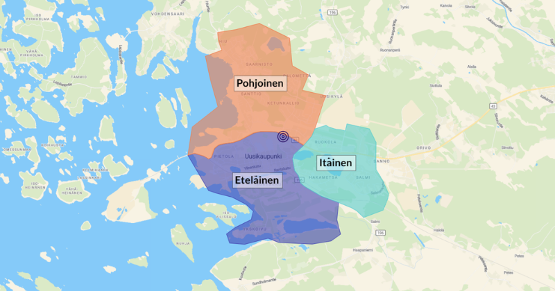 Kuvassa kartta jossa on eri värein rajattu toiminta-alueet. Ne on selitetty myös tekstissä.
