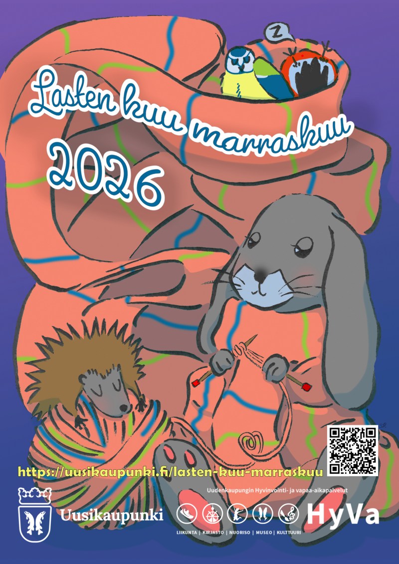Piirroskuva metsän eläimistä. Pupu neuloo kaulahuivia